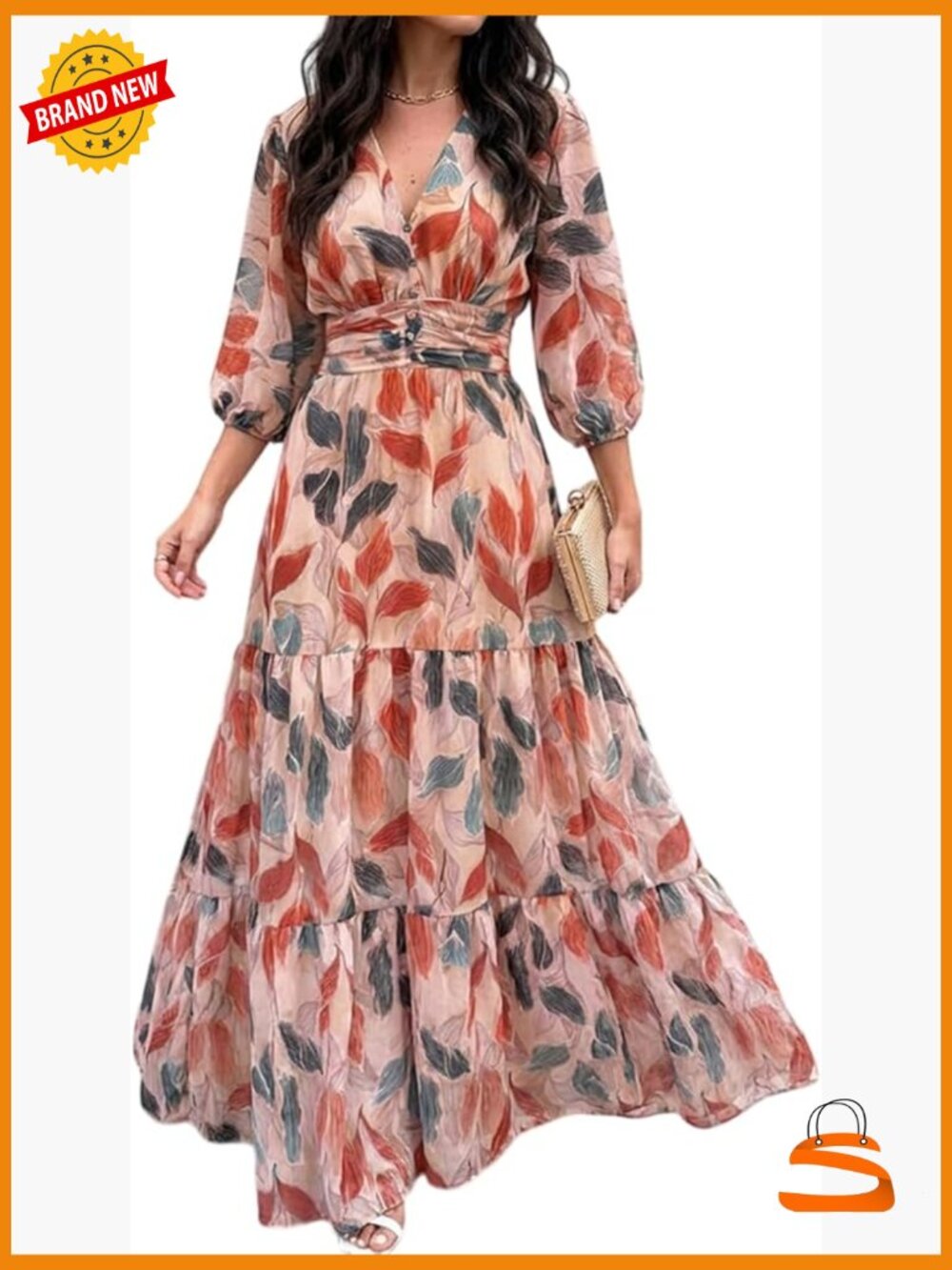 Women's Boho Maxi Dress V Neck 3/4 Puff Sleeve Flowy